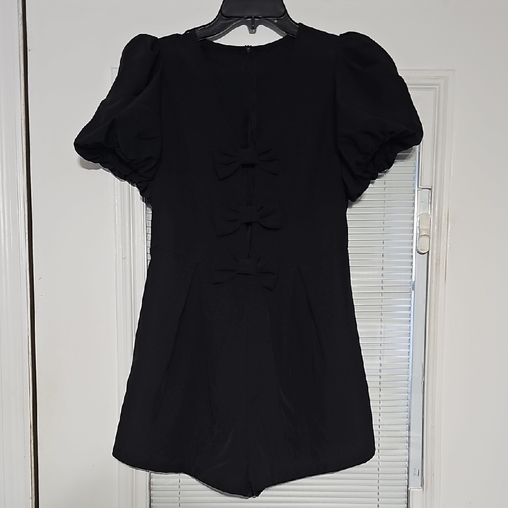 Black Puff-Sleeve Romper with Bow Detail